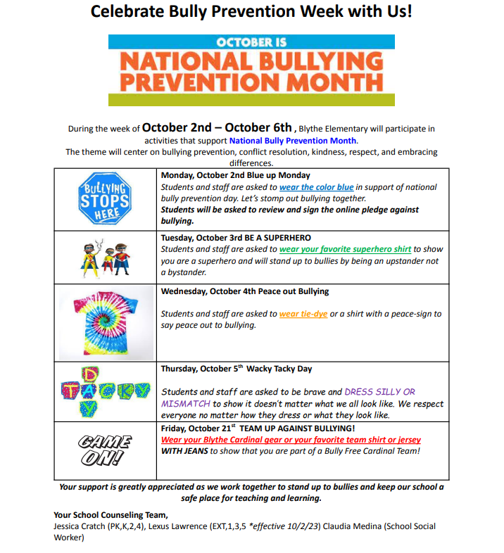 Bully Prevention Week, Oct 2-6